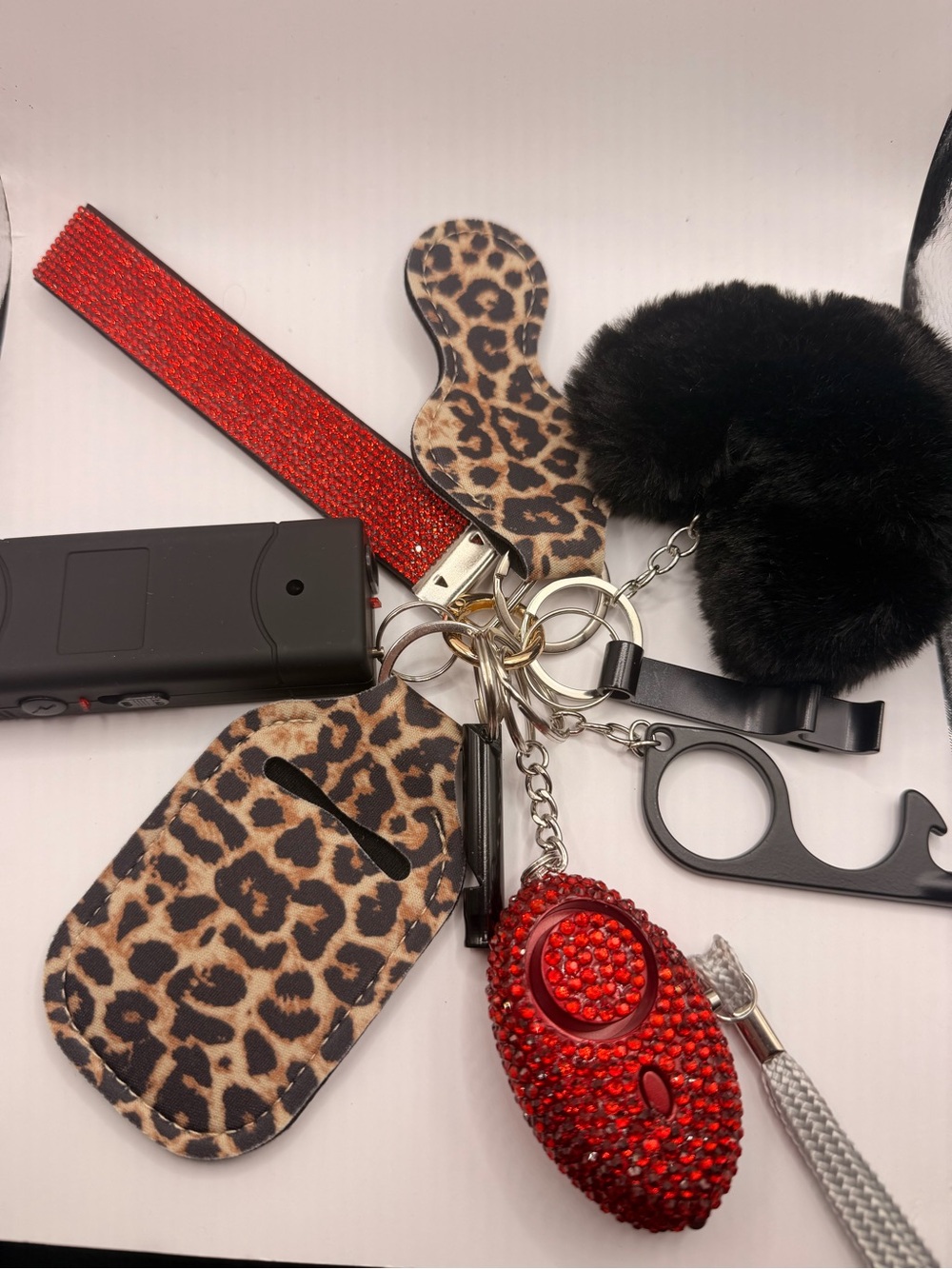 Red Crystal Personal Alarm Keychain with Leopard Print Accessories